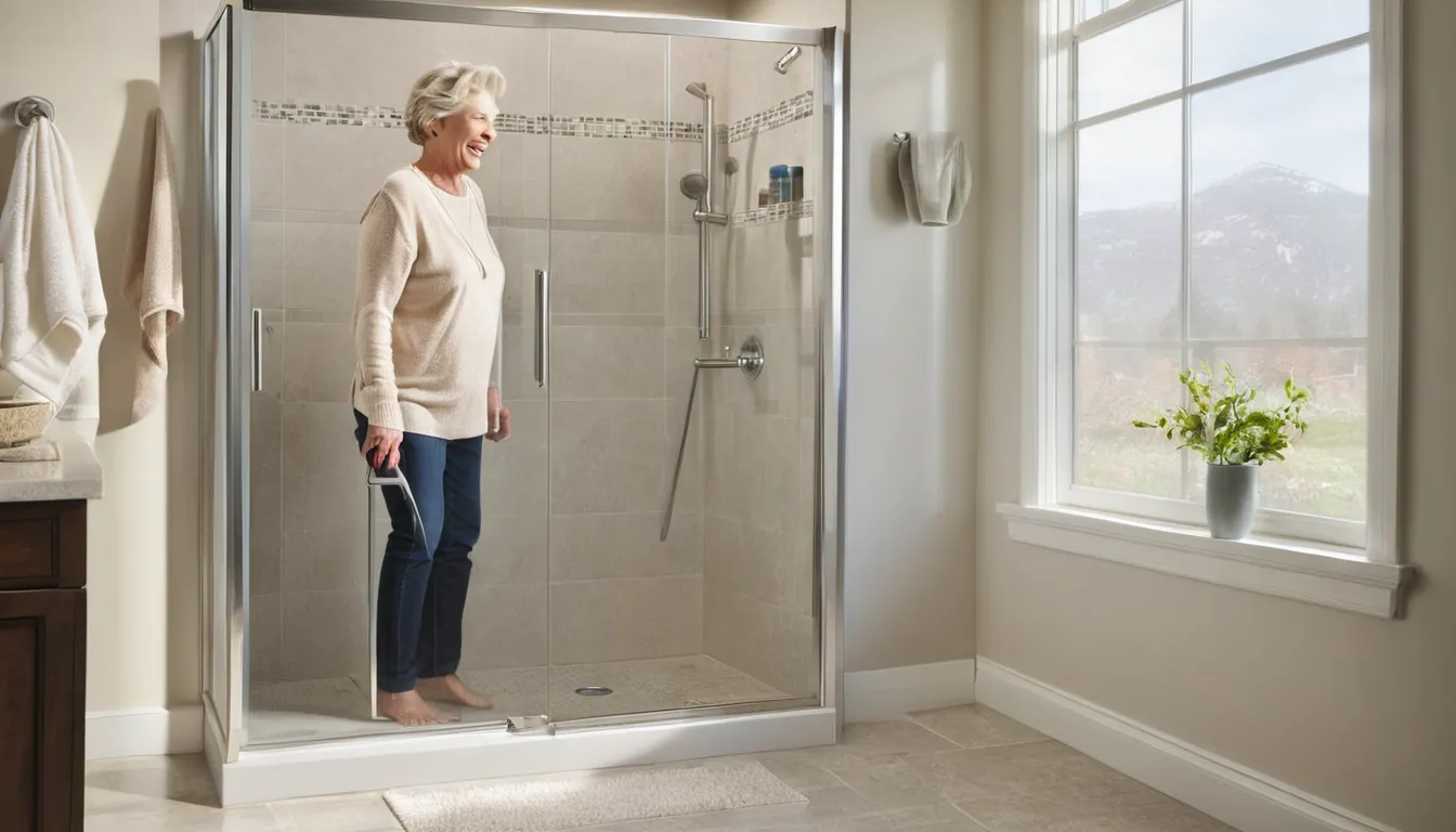 Older homeowner stepping into a bright walk-in shower with a grab bar and bench in a home near Lawrenceville